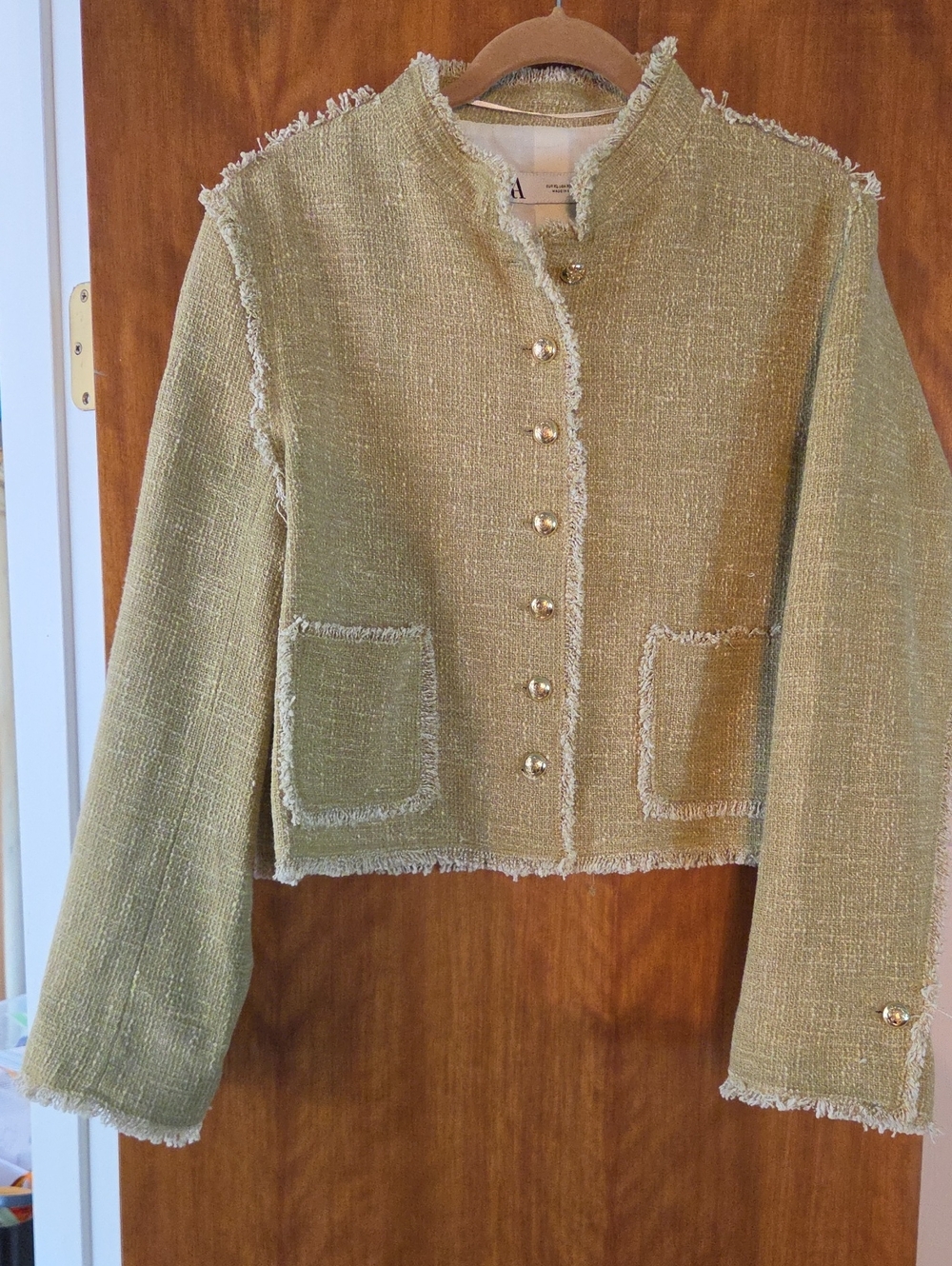 ZARA Textured Fringe Trim Green Cropped Jacket Chanel-esk